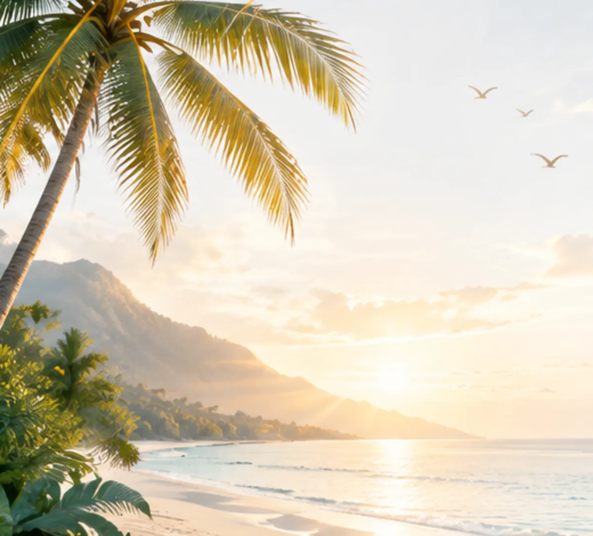 Plage tropicale bordée de palmiers au lever du soleil